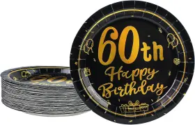 Ldfdrt 705353528897 60th Party Paper Plates Birthday Decorations 50 Pcs 7 Inch Black Gold Desse
