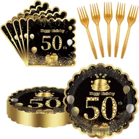 Jyqzp60 Ldfdrt 50th Birthday Decorations 60 Pcs Black Gold Paper Plates And Napkins Forks Party