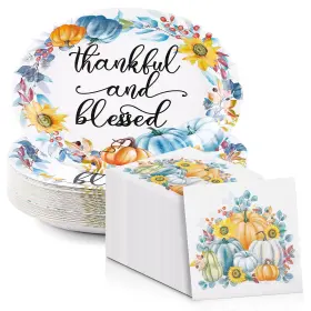 Lejof 768510886278 100count Thanksgiving Oval Paper Plates And Napkins Sets -10 Inch X 12 Heavy Dut