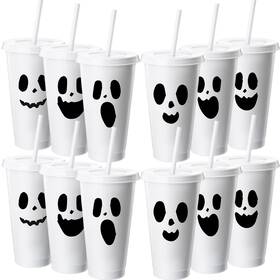 Lemonroad Lem-lemonroad-3119 12 Set Halloween Ghost Plastic Cups With Flat Lids And 24 Oz White