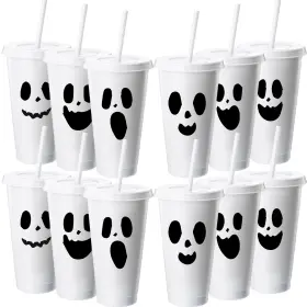 Lem-lemonroad-3119 Lemonroad 12 Set Halloween Ghost Plastic Cups With Flat Lids And 24 Oz White