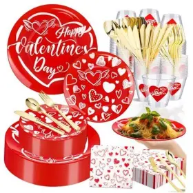 Lemosae 313034641676 175 Pcs Valentines Day Plastic Dinnerware Set Red And White Heart Style