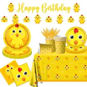 Lenyunge 770642449597 Chicken Birthday Tableware Decoration142pcs Yellow Farm Plat