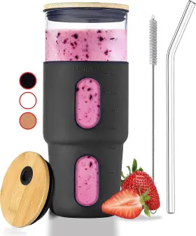 Leraze 850016675781 32oz Glass Tumbler With Straw And Bamboo Lid Silicone 32 Ounces Black