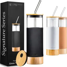 Leraze 850016675835 Premium 20oz Glass Water Bottle With Straw And Clear Black Brown Bamboo