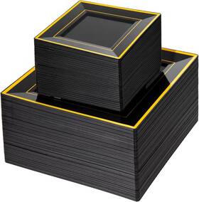 Liacere 445001526570 100pcs Black And Gold Square Plastic Plates-50pcs Dinner Plate 50pcs
