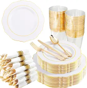 Liacere 705353031311 350pcs Gold Plastic Plates - Disposable White And