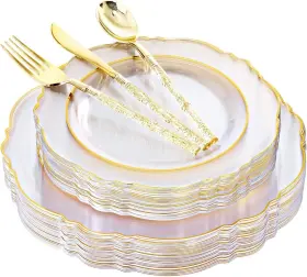 Liacere 779283325222 150pcs Clear Gold Plastic Plates - Disposable Silverware With Glitter