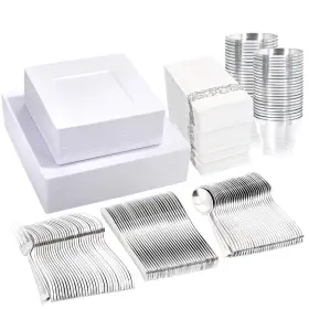 50guest Liacere 779283325475 350pcs White Plastic Plates With Silver Silverware Disposa