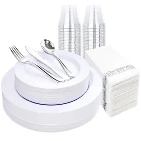 Cupsnapkins50 Liacere 779283325482 350 Piece White Plastic Plates With Silver Silverware And Gu