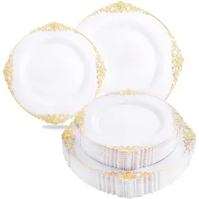 Liacere 779283325499 60 Pack Gold Plastic Plates - White And Disposable Includ