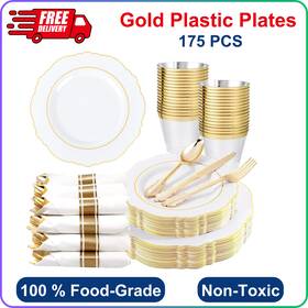 Liacere 951981094765 175pcs Gold Plastic Plates - Disposable White And
