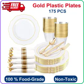 Liacere 951981094765 175pcs Gold Plastic Plates - Disposable White And