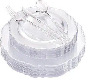 B0cgjlpkyb Liacere 150pcs Clear Silver Plastic Plates And Disposable Silverware Wit