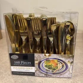37283 Lilian 160 Pack Gold Plastic Cutlery Disposable Silverware 80 Forks 40 Knives Spoons