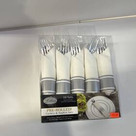 Lillian 37270 Pre-rolled Heavy Cutlery And Linen Napkin Sets Silver 10 Pack