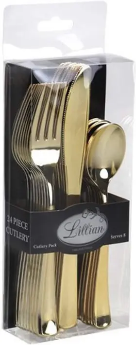 Lillian Tablesettings 635146734818 Combo Box Polished Gold Pack Of 24 Plastic Cutlery