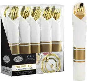 De4729 Lillian Tablesettings 40pcs Pre-rolled Gold Plastic Cutlery Set With Napkins Wedding Party Catering