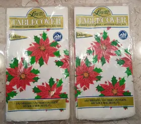 X108 Linette 041624111918 Poinsettias Christmas Table Covers 2-ply Lot Of 2 Usa 54 Inch Vtg