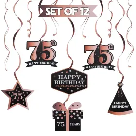 Lingteer 759838300003 Happy 75th Birthday Decorations Black With Rose Swirls Hanging