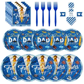 Litmitfu 607602333330 96 Pcs Happy Fathers Day Plates And Napkins Set - Best Dad Paper Plate Blue