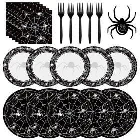 Litmitfu 607605436694 96 Pcs Halloween Plates And Napkins Set - Black Spider Webs Dinner Dessert Pa