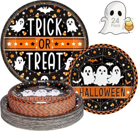 Litmitfu 607605436724 24 Pcs Happy Halloween Paper Plates Set - Cute Ghost Round Plate Disposable Tri