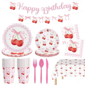 Litmitfu 607612781381 170 Pcs Cherry Birthday Decorations Pink Bows Party Supplies Set Happy Birt