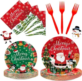Litmitfu 635405473113 100 Pcs Merry Christmas Plates And Napkins Sets - Cute Winter Round Ta