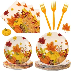 Litmitfu 639655175124 100 Pcs Thanksgiving Plates And Napkins Sets - Fall Pumpkin Maple Leaf Round Tab