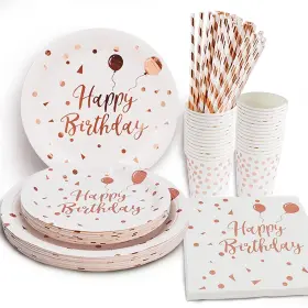 Liugusun 736519568969 White And Rose Gold Party Supplies Dots Happy Birthday Paper Plates