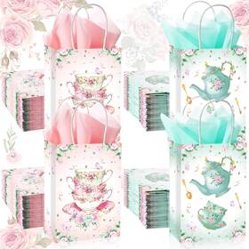 Locmeo Gor-locmeo-0457 24 Pcs Tea Party Gift Bags With Tissue Paper Floral Teapot Goodie Treat Wit