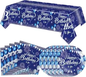 Loiyshine 313052074050 41 Pcs Blue Birthday Decorations And Silver Theme Tableware Sets Included N