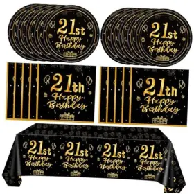 Gold-101 Loiyshine 41pcs Black And Gold Birthday Decorations Disposable Tableware Set 21st