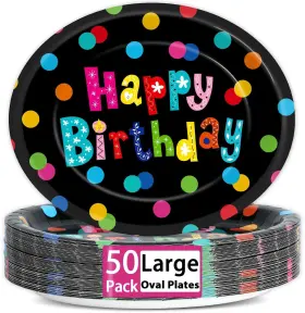 Lf0494 Lonfliness 50 Pcs Happy Birthday Oval Paper Plates 11inch Large Black Bottom Colorful Dots