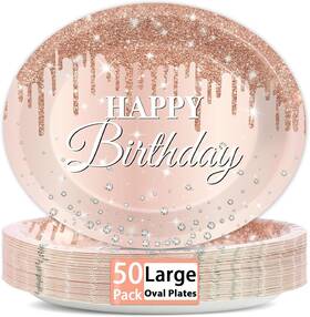 Lonfliness Lf0496 50pcs Rose Gold Birthday Plates 11 Inch Glitter Paper Party Tableware Set