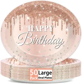 Lf0496 Lonfliness 50pcs Rose Gold Birthday Plates 11 Inch Glitter Paper Party Tableware Set