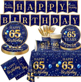 Lontary 445039286262 65th Birthday Decoration Men-142pcs Navy Blue And Gold Tableware Set Se