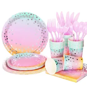 Loowvy 797442880634 168pcs Pastel Party Supplies Rainbow Birthday Paper Plates And Napkins