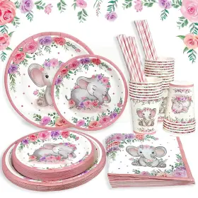 Lopeastar 424511241905 Girl Elephant Baby Shower Plates Set Decorations For 25 Guests Paper Plate Na