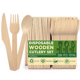 13x-5079-i Lotfancy Best Disposable Cutlery Set 200pcs Wooden Compostable Utensils 100 Forks 50