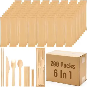Ls0434 Loyim Packs Disposable Wooden Cutlery Set 6in1 Knife Fork Spoon Chopsticks Toothpick