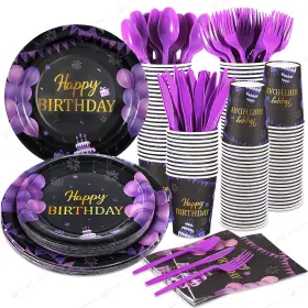 Ltplazhi 618202988271 168 Pcs Purple And Black Birthday Party Supplies Tableware Set Plates Knif
