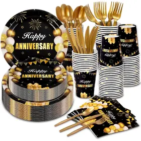 Ltplazhi 618202993985 168pcs Black And Gold Party Supplies Tableware Set Happy Anniversary Plates K