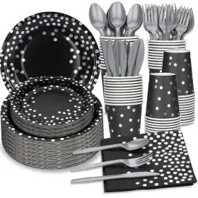 Gh-136 Ltplazhi 140pcs Black And Silver Party Supplies - Dinner Plate Dessert