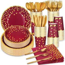 Gh-137 Ltplazhi 140 Pcs Burgundy Gold Party Supplies Set Dinnerware Plates Cups Napkins Forks