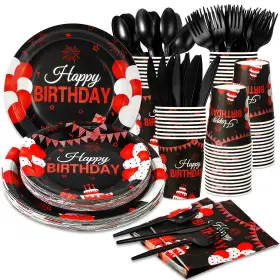 Gh-159 Ltplazhi 168 Pcs Black And Red Birthday Party Supplies Tableware Set Happy Pl