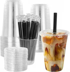 Lucdnc 313094463430 25 Sets - 16oz Disposable Clear Plastic Cups With Lids And Smoothies Straws Part