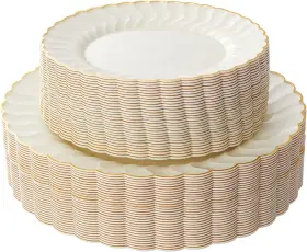 Lullaby 744110197846 60pcs Ivory Scalloped Plastic Plates With Gold Rim Disposable Elegant P