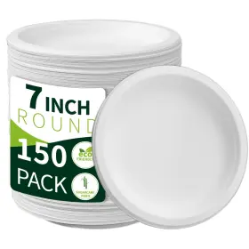 Lxins Eco 750961240822 150 Pieces 100% Compostable Paper Plates White 7inch Heavy Duty Disposable Pla